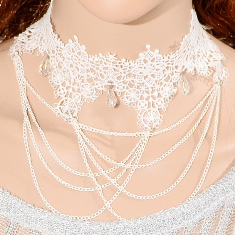 Vintage Victorian Style White Ivory Cream Lace Chain Drape Choker Necklace #L71