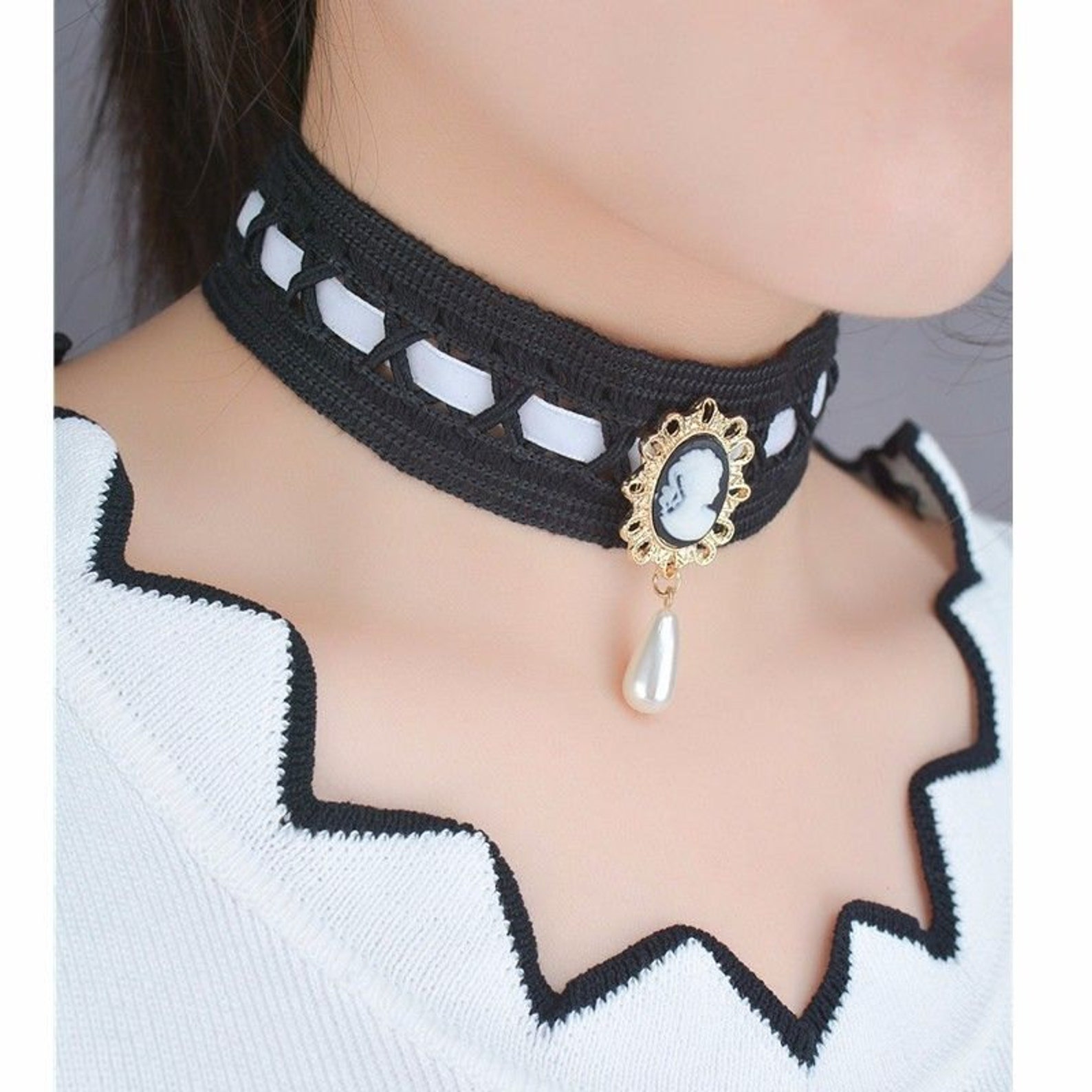 Vintage Victorian Gold Tone Black Stretch Lace Cameo Choker - Etsy