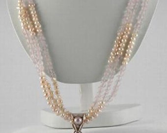 Handwerker-Sterling Silber-Rhodochrosit-Anhänger auf echte Perle & Rose Quartz Halskette