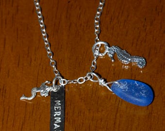 Handmade Personalized 20" Sea Horse & Mermaid Vertial Bar Pendant Surf Tumbled Sea Glass Necklace
