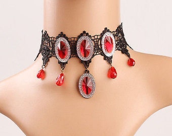 Vintage Victorian Goth 4 Red Crystal Ovals, Red Drop Beads, Black Lace Choker Necklace #L48