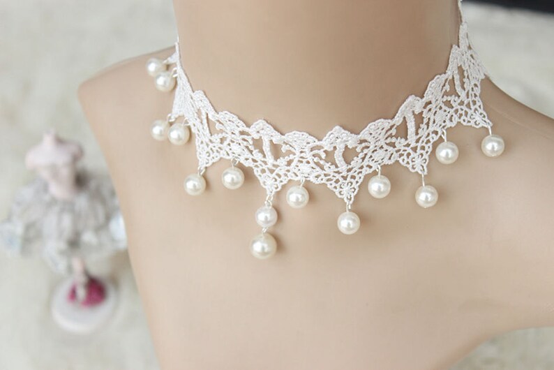 Bridal Gothic Victorian Romance Ivory White Lace Pearl Choker Necklace ...