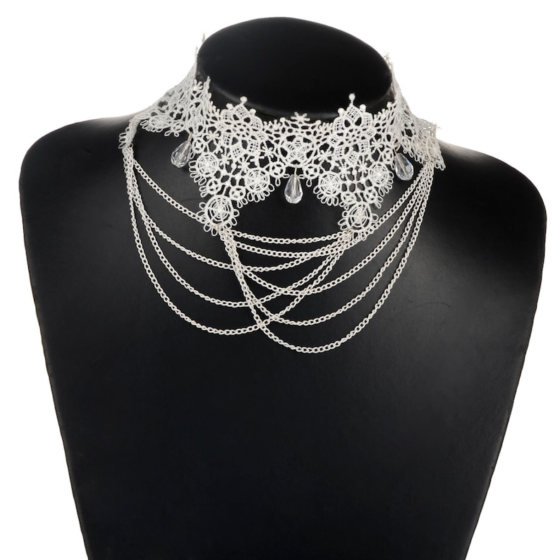Vintage Victorian Style White Ivory Cream Lace Chain Drape Choker Necklace #L71