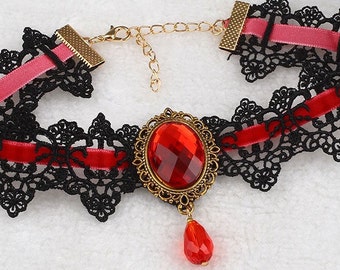 Handmade Victorian Goth Red Ribbon Crystal Bead Black Lace Choker Necklace