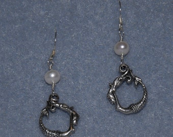 Silver Pewter Freshwater Pearl & Infinity Mermaid Earrings