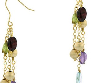 18k Gold Filled Vermeil Multi Gem Drop Dangle Earrings w amethyst, blue quartz, garnet, and peridot gem earrings