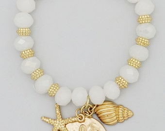 Handmade Comfort Wear White Faceted Bead Starfish Conch Sand Dollar Coastal Stretch Bracelet