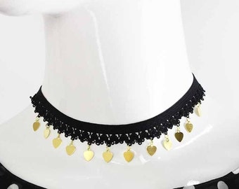 Gothic Vintage Style Multi Mini Gold Heart Drops Black Lace Choker Necklace #L2