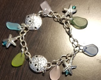 8" Silver Plated Sea Theme Surf Tumbled Sea Glass Starfish Bracelet