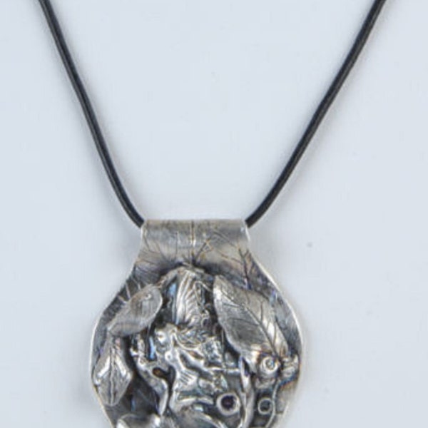 Artisan Original Handmade Fine PMC .999 Fine Silver "Marafae Faerie" Fairy Pendant on Leather Cord