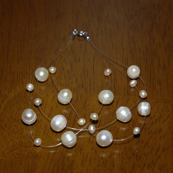 3 Strand Sterling Silver Floating White Pearl Illusion Bracelet