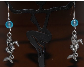 Blue Beach Sea Glass Silver Pewter Mermaid on Seahorse Earrings