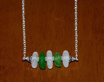 18" Minimalist Bali Sterling Silver Surf Tumbled Multi Color Sea Glass Necklace Brown, White, Green Sea Glass Necklace