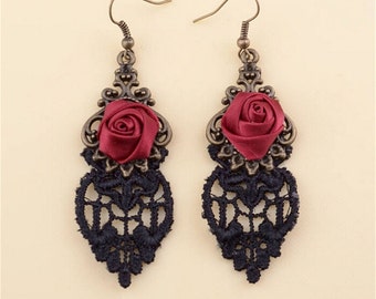 Unique Brass & Satin Red Rose Black Lace Drop Earrings