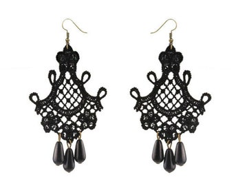 Unique Brass & Teardrop Beads Black Lace Drop Chandelier Earrings