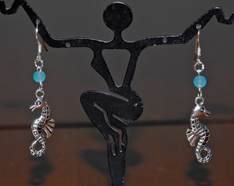Blue Beach Sea Glass Silver Plated Seahorse Earrings