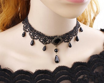 L94 Handmade Victorian Goth Black Crystal Bead Black Lace Choker Necklace