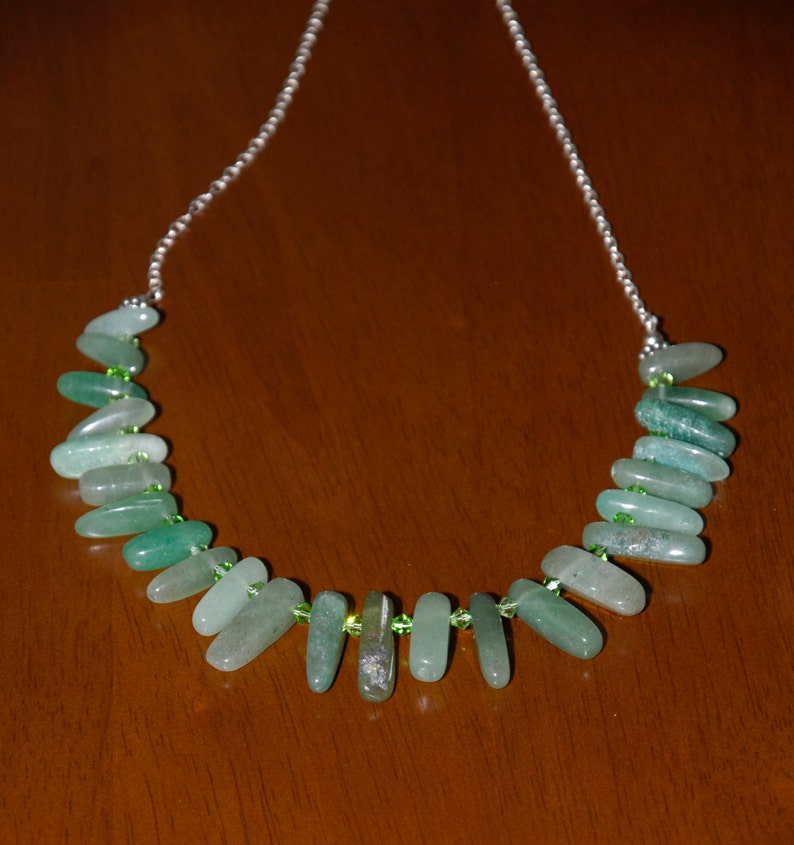 Handmade Sterling Silver Green Agate Jade Spiky Fan and Swarovki Crystal Necklace