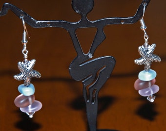 Sterling Silver Pink Aqua Periwinkle Beach Sea Glass Earrings w SP Starfish Charms