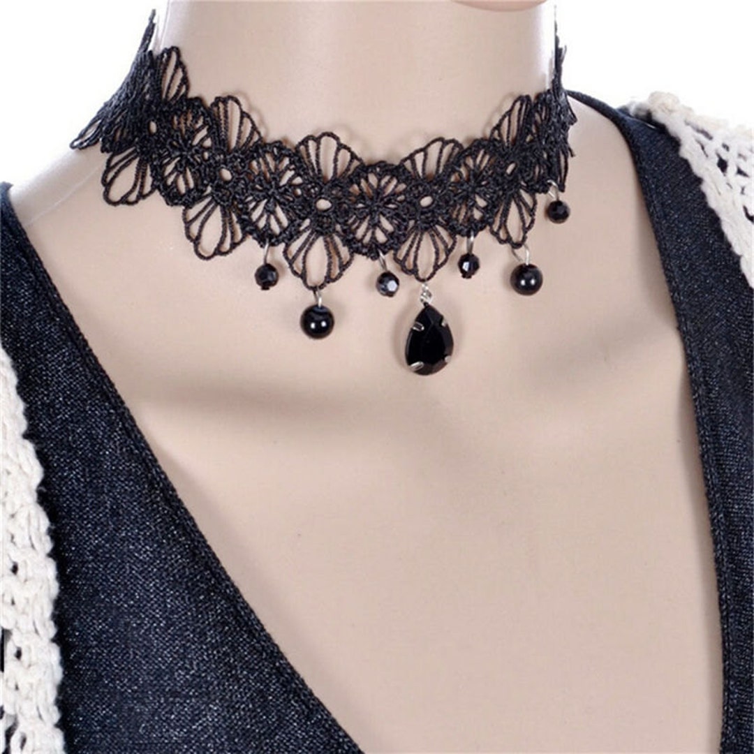 L27 Gothic Victorian Vintage Style Black Lace Tear Drop Crystal Choker ...