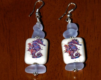 Sterling Silver Sea Glass and Seahorse Bead Earrings