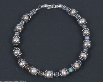 23C Bali Sterling Silver Real Pearl Swarovski Elements Crystal Chakra Bracelet