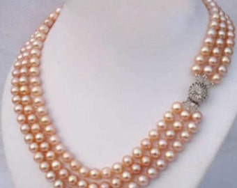 CLASSIC 3 Strand AA Quality Round Genuine 6-7mm Pink Pearl Necklace