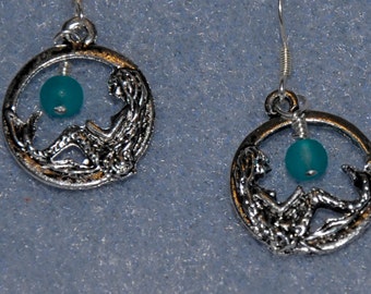 Minimalist Silver Tone Blue Sea Glass Bead & Circle Mermaid Earrings