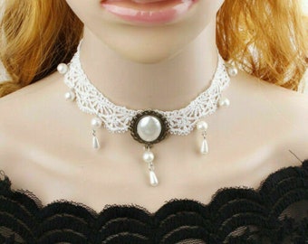 Bridal Victorian White Lace Drop Bead Choker Necklace L94