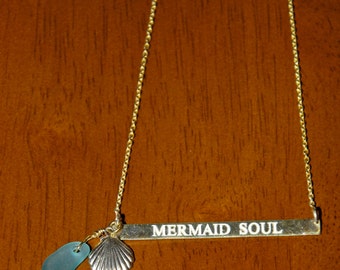 18k Gold Over Silver Vermeil "Mermaid Soul" Message Bar Necklace w Sea Glass Sea Shell