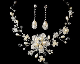 22b Enchanting Bridal SP Pearl Crystal Flower Floral Vine Necklace Set