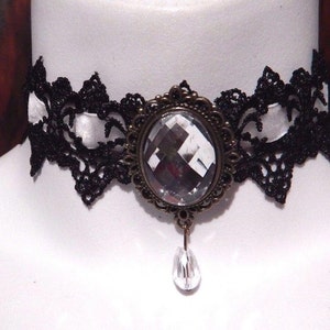 Handmade Victorian Goth White Ribbon Crystal Bead Black Lace Choker Necklace