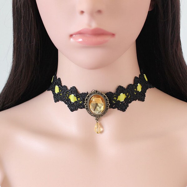 Handmade Victorian Goth Yellow Gold Ribbon Crystal Bead Black Lace Choker Necklace