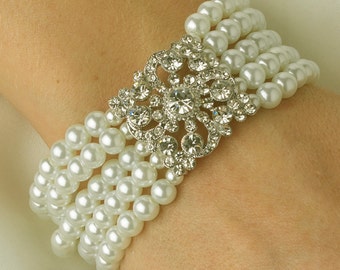 34 b Braut 5 Reihe Silber klar Kristall Square Elfenbein Perle Stretch-Armband