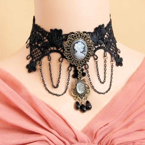 Victorian Vintage Black Lace Cameo Crystal Drop Choker Necklace