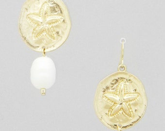 Handmade Gold Plated Genuine Pearl Sand Dollar Charm Drop Earrings