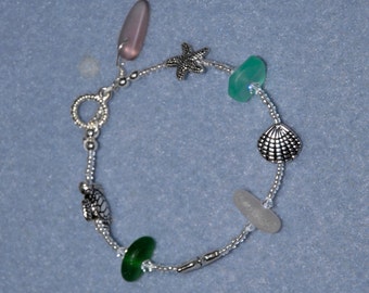 Handmade Silver Plated Turtle Starfish Sea Shell Sea Glass Bracelet