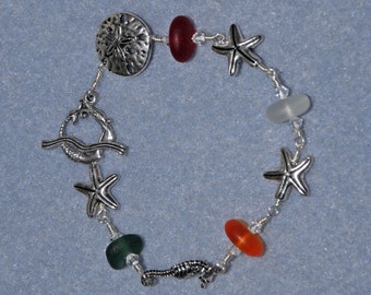 Handmade Silver Plated Seahorse Starfish Surf Tumbed Sea Glass Bracelet w Mermaid Toggle
