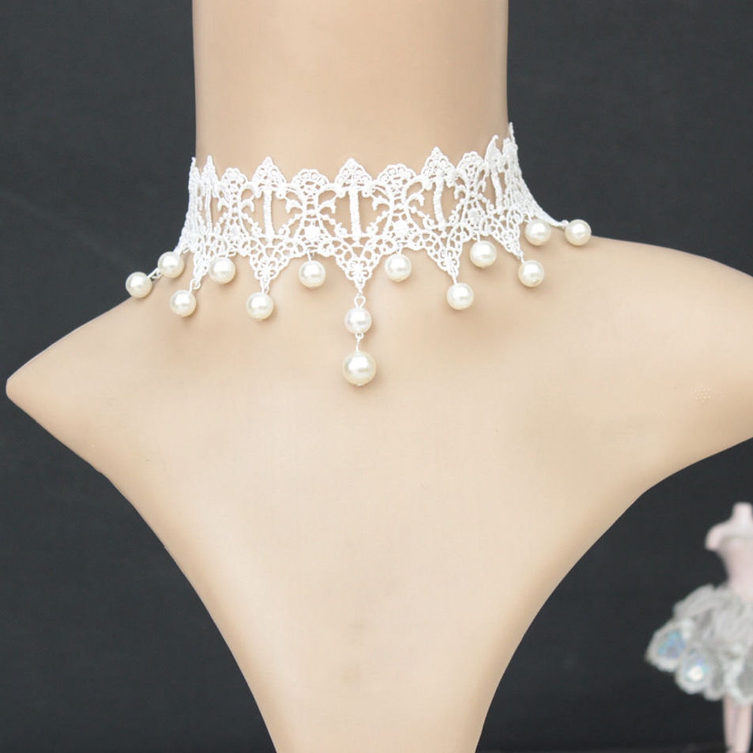 Bridal Gothic Victorian Romance Ivory White Lace Pearl Choker Necklace ...