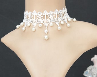 Bridal Gothic Victorian Romance Ivory White Lace Pearl Choker Necklace #L70