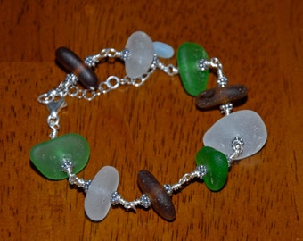 Hand Linked Sterling Silver Shades of Autumn Multi Surf Tumbled Sea Glass Bracelet 7.5 Inch