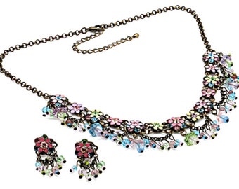 Handmade Vintage Style Multi Color Crystal Swarovski Elements Flower Floral Necklace Set