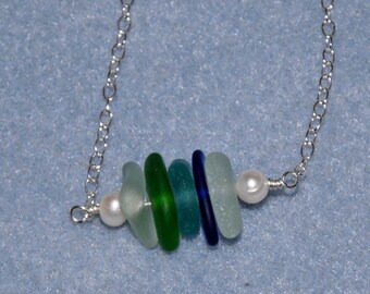 16-18" Minimalist Sterling Silver Pearl & Surf Tumbled Sea Glass Necklace