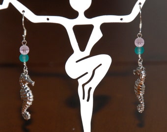 Pastel Beach Sea Glass Silver Plated Seahorse Earrings