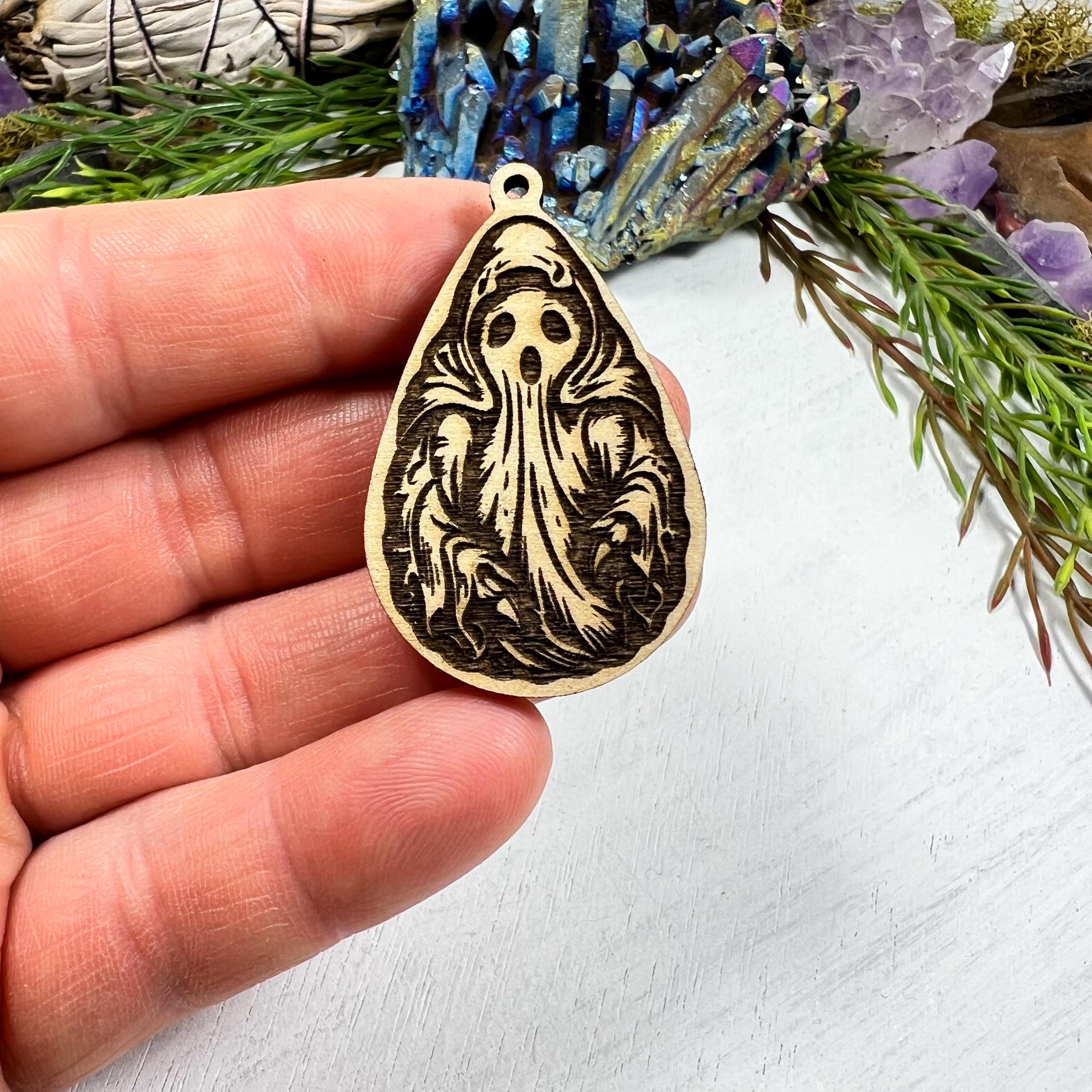 Ghost Halloween DIY Wood Charms | Teardrop Laser Engraved 3mm Thick Cutouts |  Earring Pendant Jewelry Bag Tag Blanks | Item BC12