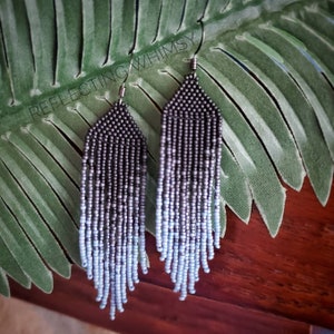 Black Iris Seed Bead Fringe Earrings: Hand Sewn Glass Beads