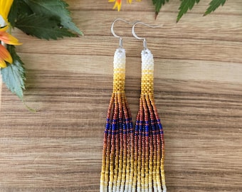 White Rustic Rainbow Striped Tassels Seed Bead Fringe Earrings, the Falling Slowly Collection
