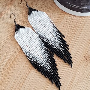 Black and White Champagne Bubbles, Seed Bead Fringe Earrings