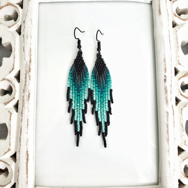 Black Geometric Ombre Seed Bead Fringe Earrings, Gray and Teal Color Option | Seaside Collection |