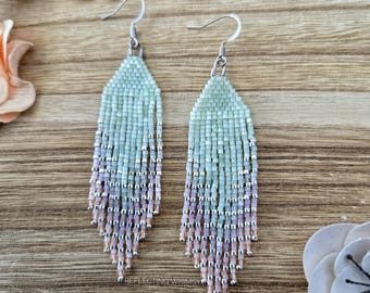 Minty Ombre Mermaid Seed Bead Fringe Earrings